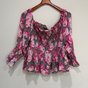 Torrid Womens Plus Size 3 Pink Rose Floral Smocked romantic Long Sleeve Top